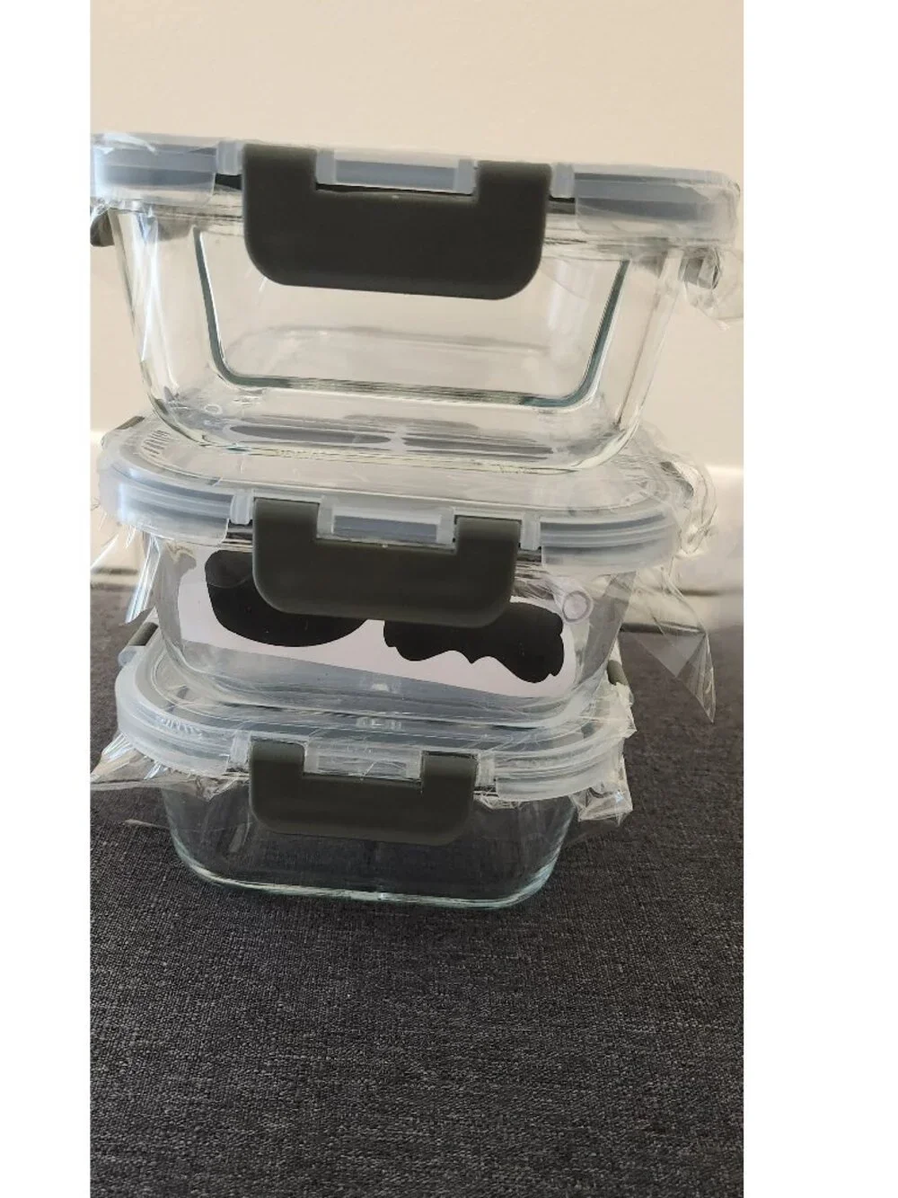NIB: Set of 3 Glass Food Storage Containers with Lids - Clear/Black